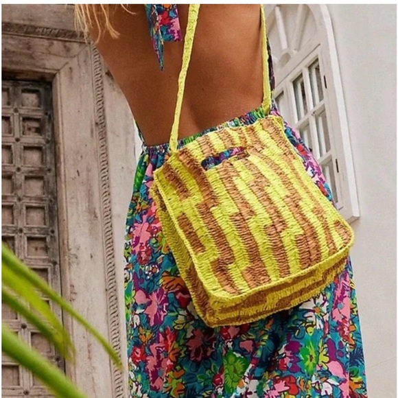 Free People Brunch Date Brown Green Yellow Raffia Purse NWOT - Picture 2 of 9
